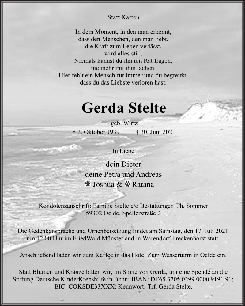  Traueranzeige für Gerda Stelte vom 10.07.2021 aus Die Glocke