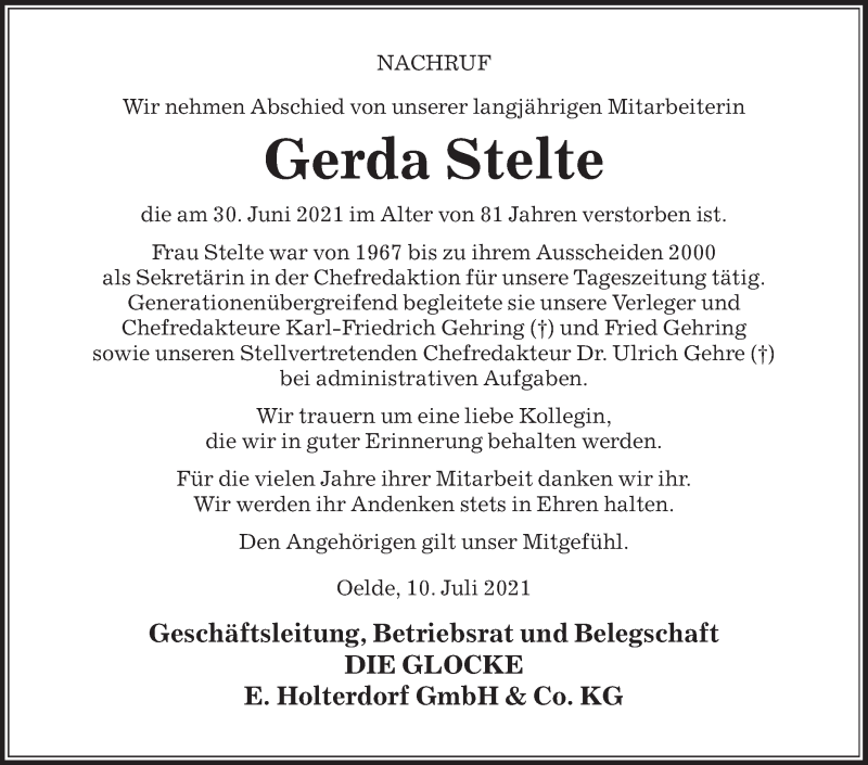  Traueranzeige für Gerda Stelte vom 10.07.2021 aus Die Glocke