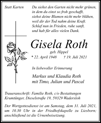 Traueranzeige von Gisela Roth von Die Glocke