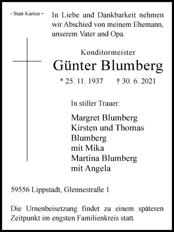 Traueranzeige von Günter Blumberg von Die Glocke