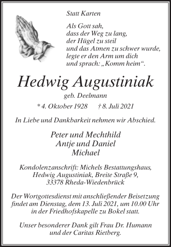 Traueranzeige von Hedwig Augustiniak von Die Glocke