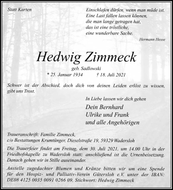 Traueranzeige von Hedwig Zimmeck von Die Glocke