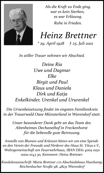 Traueranzeige von Heinz Brettner von Die Glocke