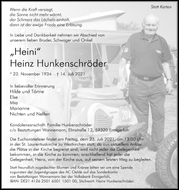 Traueranzeige von Heinz Hunkenschröder von Die Glocke