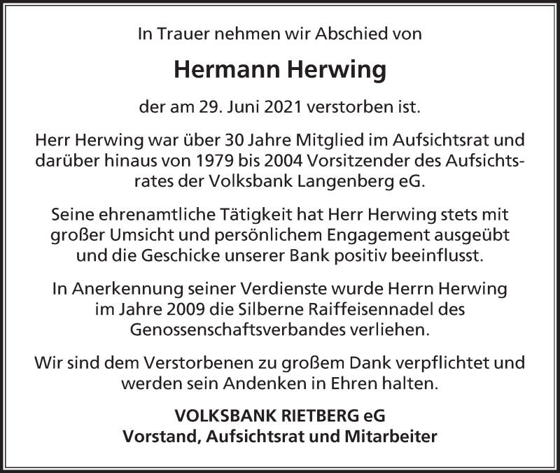  Traueranzeige für Hermann Herwing vom 02.07.2021 aus Die Glocke