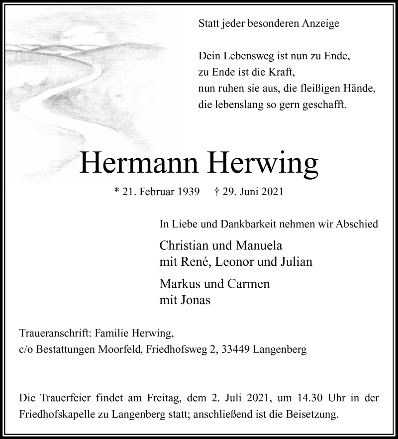  Traueranzeige für Hermann Herwing vom 01.07.2021 aus Die Glocke