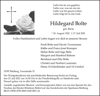 Traueranzeige von Hildegard Bolte von Die Glocke