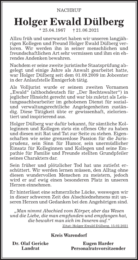  Traueranzeige für Holger Ewald Dülberg vom 06.07.2021 aus Die Glocke