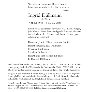 Traueranzeige von Ingrid Düllmann von Die Glocke