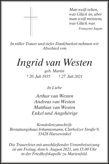 Traueranzeige von Ingrid van Westen von Die Glocke