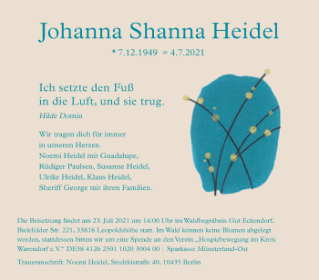 Traueranzeige von Johanna Shanna Heidel von Die Glocke