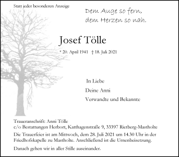 Traueranzeige von Josef Tölle von Die Glocke