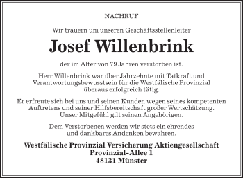 Traueranzeige von Josef Willenbrink von Die Glocke