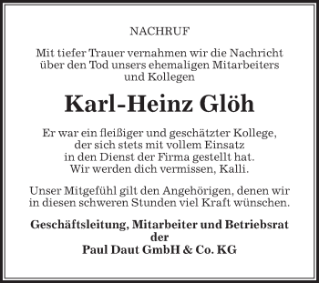 Traueranzeige von Karl-Heinz Glöh von Die Glocke