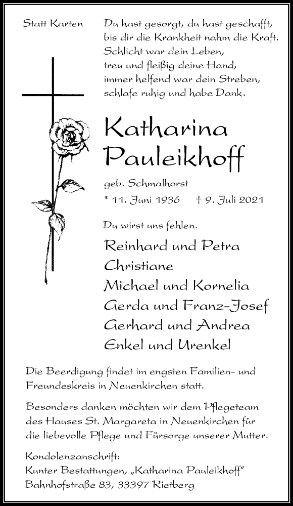  Traueranzeige für Katharina Pauleikhoff vom 12.07.2021 aus Die Glocke