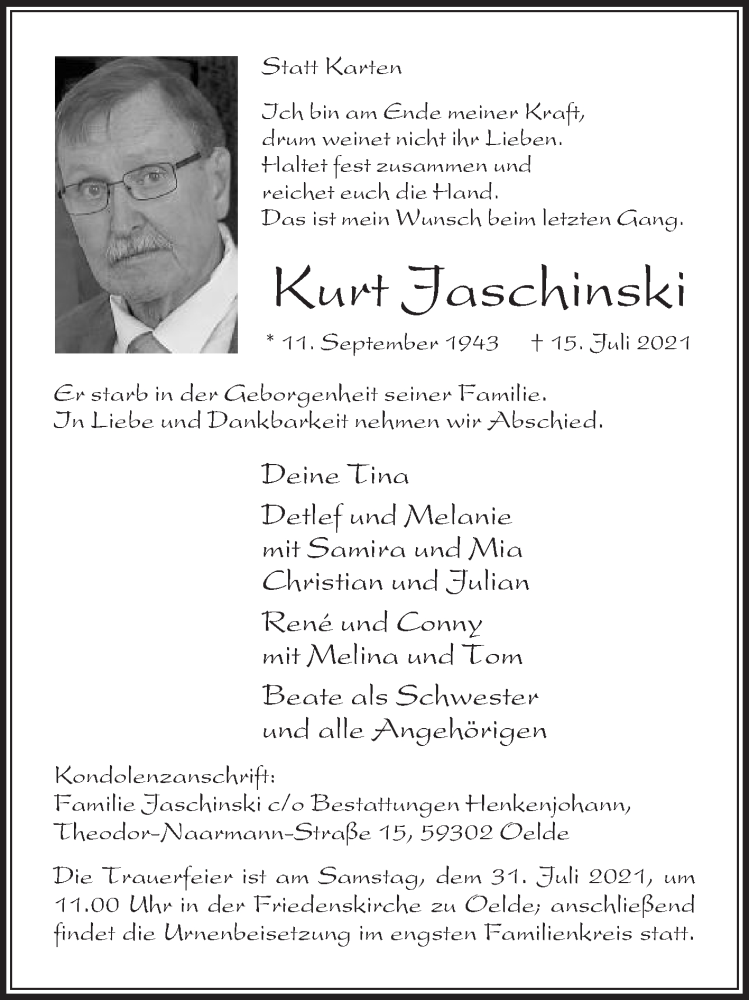  Traueranzeige für Kurt Jaschinski vom 24.07.2021 aus Die Glocke