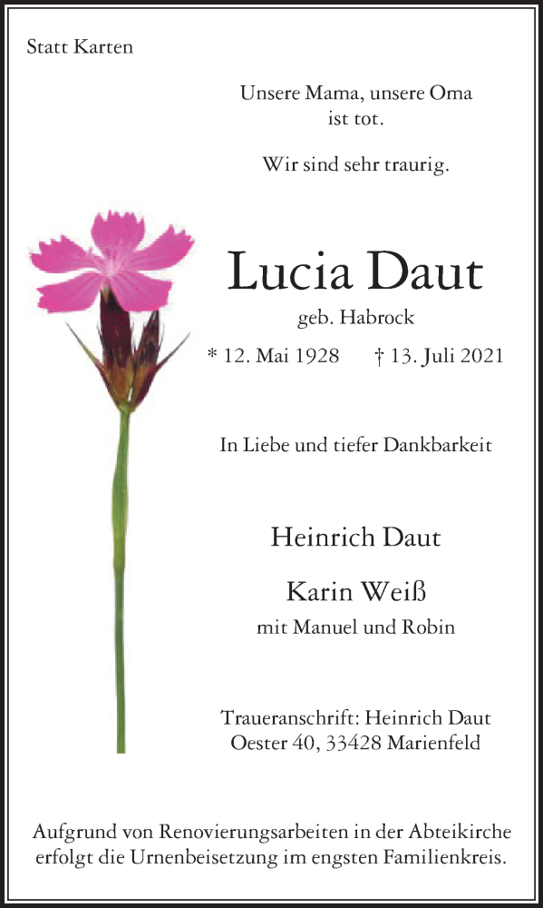  Traueranzeige für Lucia Daut vom 24.07.2021 aus Die Glocke