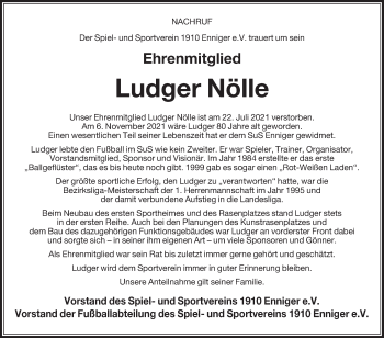 Traueranzeige von Ludger Nölle von Die Glocke