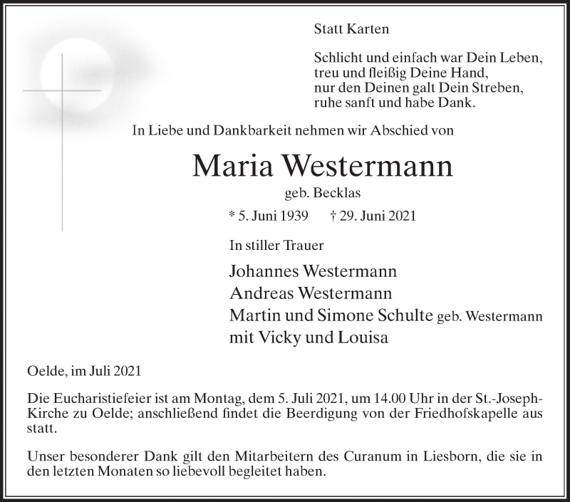  Traueranzeige für Maria Westermann vom 03.07.2021 aus Die Glocke