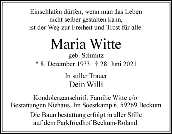Traueranzeige von Maria Witte von Die Glocke