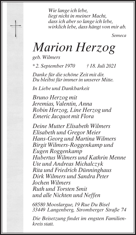  Traueranzeige für Marion Herzog vom 24.07.2021 aus Die Glocke