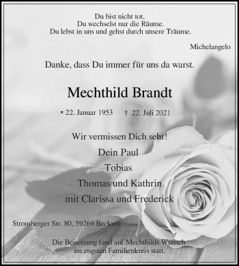 Traueranzeige von Mechthild Brandt von Die Glocke