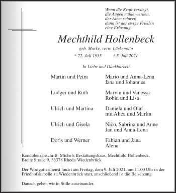 Traueranzeige von Mechthild Hollenbeck von Die Glocke
