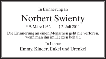 Traueranzeige von Norbert Swienty von Die Glocke