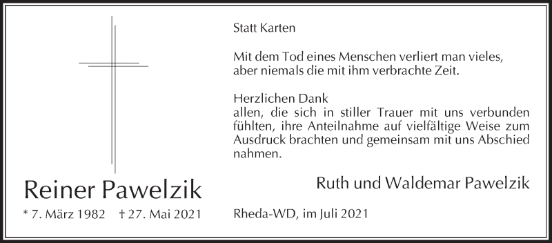  Traueranzeige für Reiner Pawelzik vom 17.07.2021 aus Die Glocke