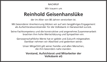 Traueranzeige von Reinhold Geisenhanslüke von Die Glocke