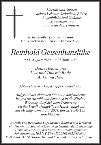Traueranzeige von Reinhold Geisenhanslüke von Die Glocke