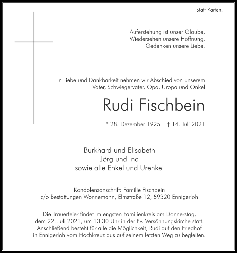  Traueranzeige für Rudi Fischbein vom 17.07.2021 aus Die Glocke