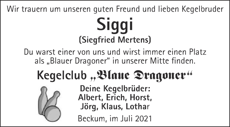  Traueranzeige für Siegfried Mertens vom 24.07.2021 aus Die Glocke