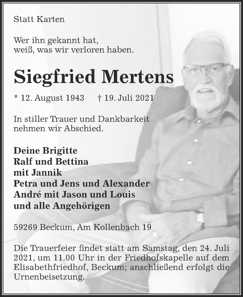  Traueranzeige für Siegfried Mertens vom 21.07.2021 aus Die Glocke