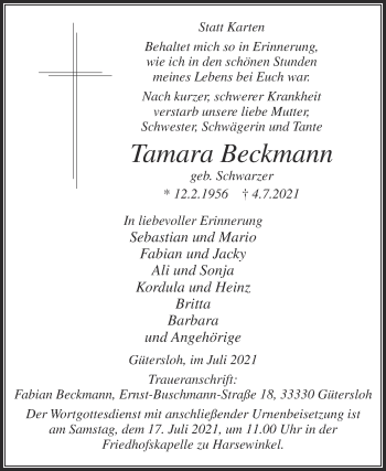 Traueranzeige von Tamara Beckmann von Die Glocke