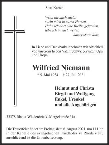 Traueranzeige von Wilfried Niemann von Die Glocke