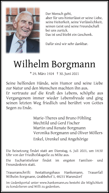 Traueranzeige von Wilhelm Borgmann von Die Glocke