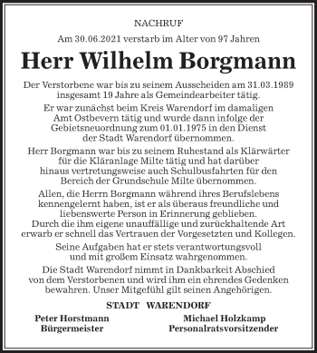 Traueranzeige von Wilhelm Borgmann von Die Glocke