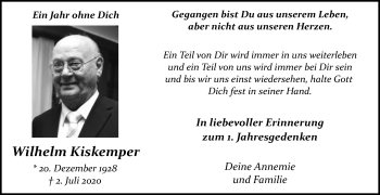 Traueranzeige von Wilhelm Kiskemper von Die Glocke