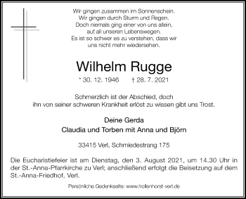 Traueranzeige von Wilhelm Rugge von Die Glocke