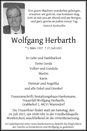 Traueranzeige von Wolfgang Herbarth von Die Glocke