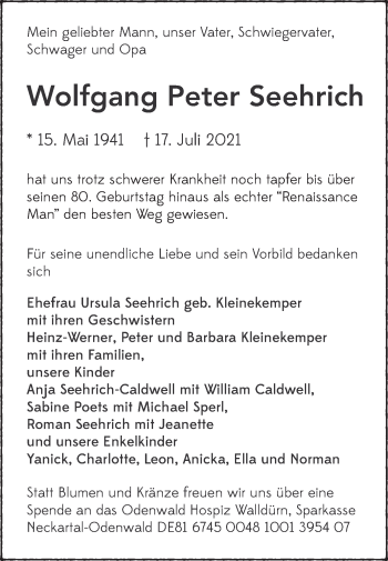 Traueranzeige von Wolfgang Peter Seehrich von Die Glocke