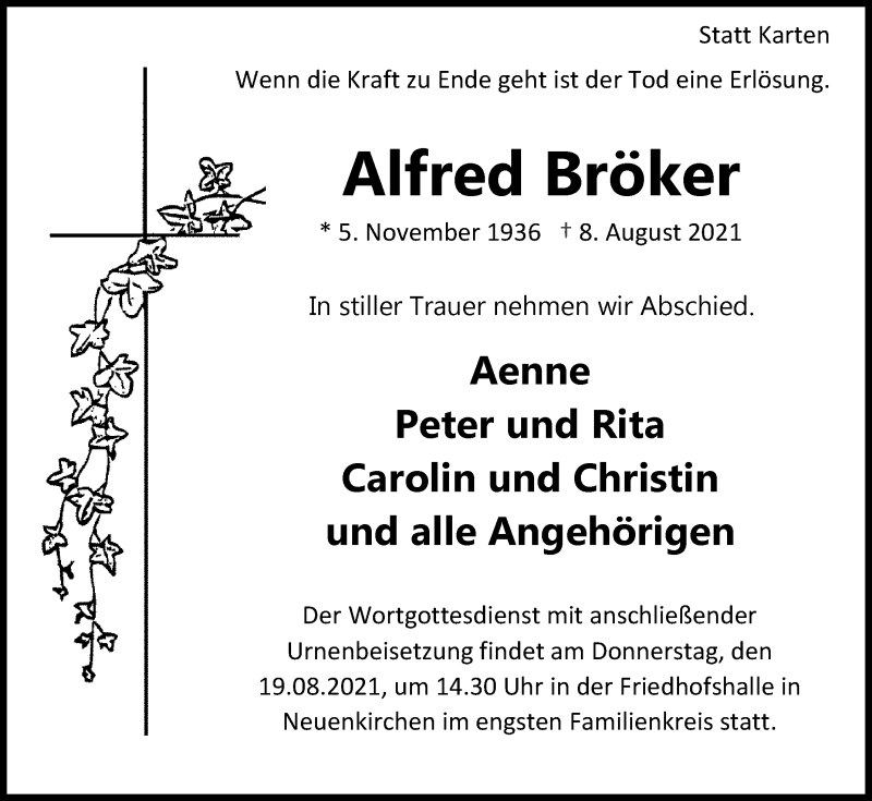  Traueranzeige für Alfred Bröker vom 11.08.2021 aus Die Glocke