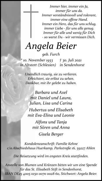 Traueranzeige von Angela Beier von Die Glocke