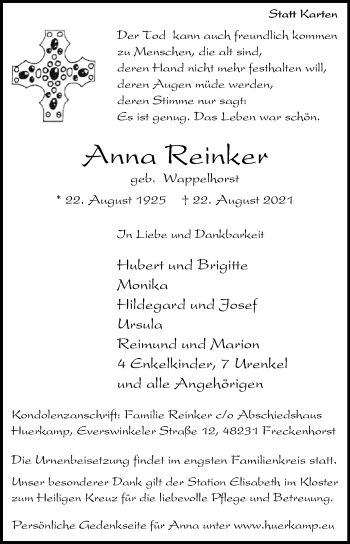 Traueranzeige von Anna Reinker von Die Glocke