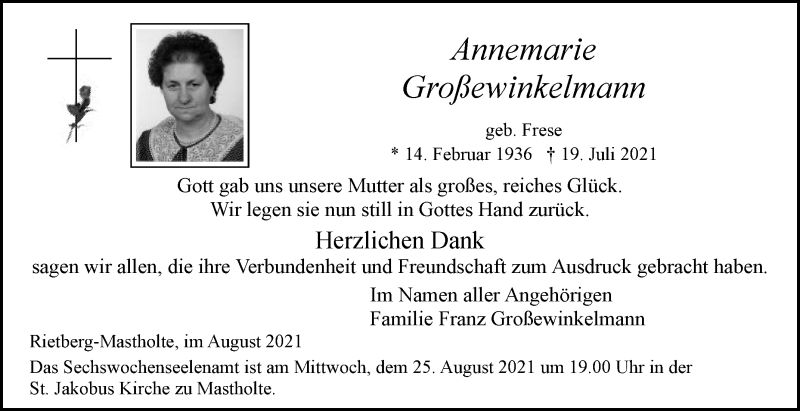  Traueranzeige für Annemarie Großewinkelmann vom 18.08.2021 aus Die Glocke