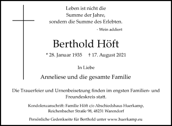 Traueranzeige von Berthold Höft von Die Glocke