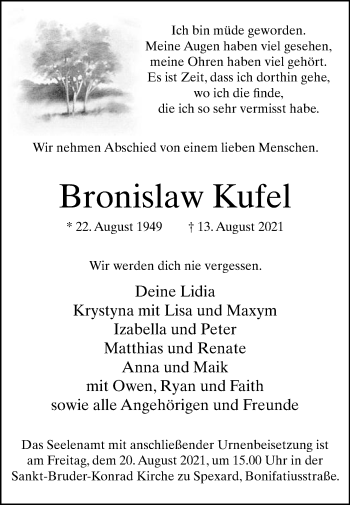 Traueranzeige von Bronislaw Kufel von Die Glocke