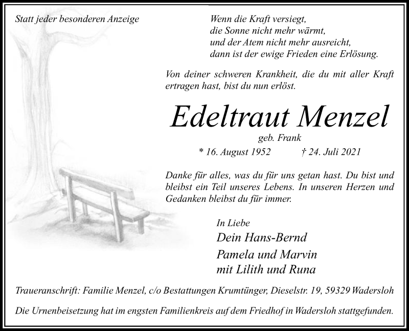  Traueranzeige für Edeltraut Menzel vom 14.08.2021 aus Die Glocke