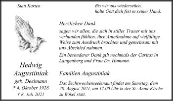 Traueranzeige von Hedwig Augustiniak von Die Glocke